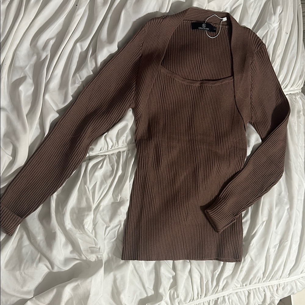Brown Ribbed Long Sleeve Top